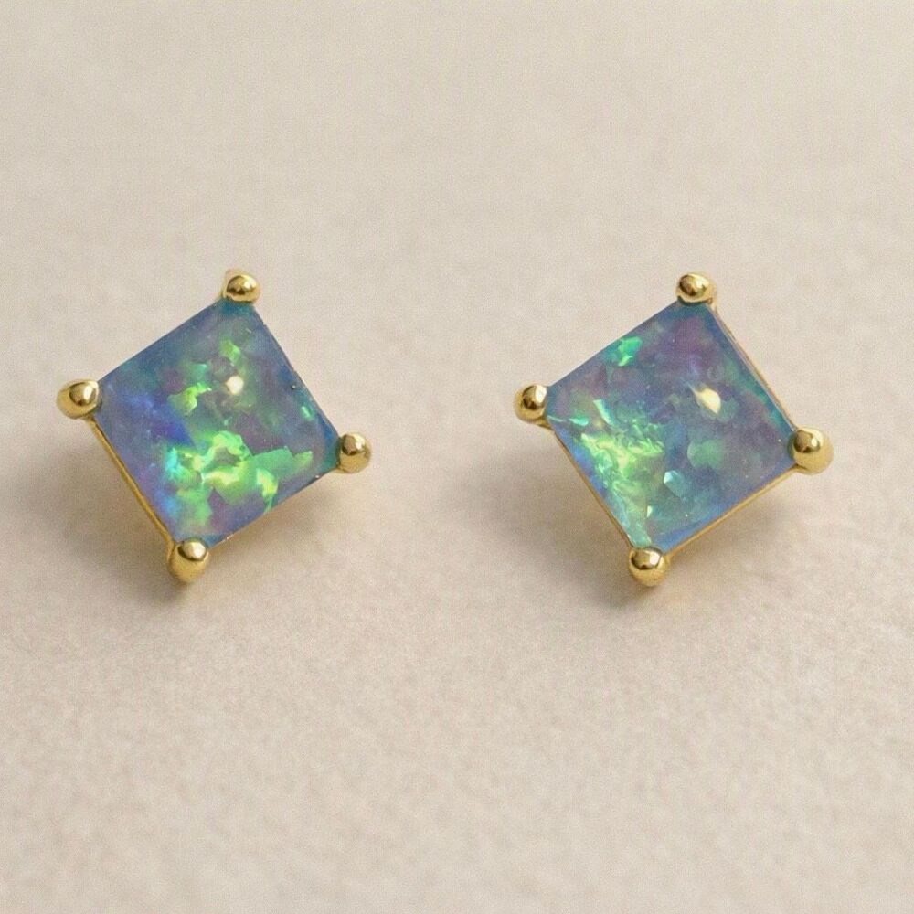 Fire Opal Gold Vermeil Square Stud Earrings with Vibrant Iridescent Glow New